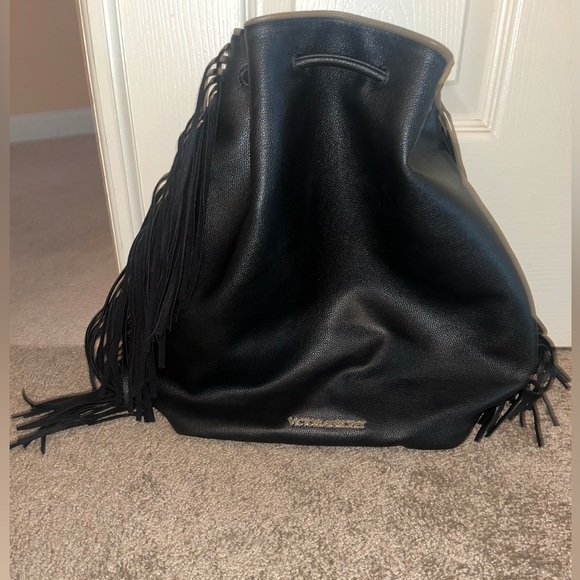 Victoria's Secret Black Faux Leather Fringe Hobo Women's Backpack - Picture 9 of 13